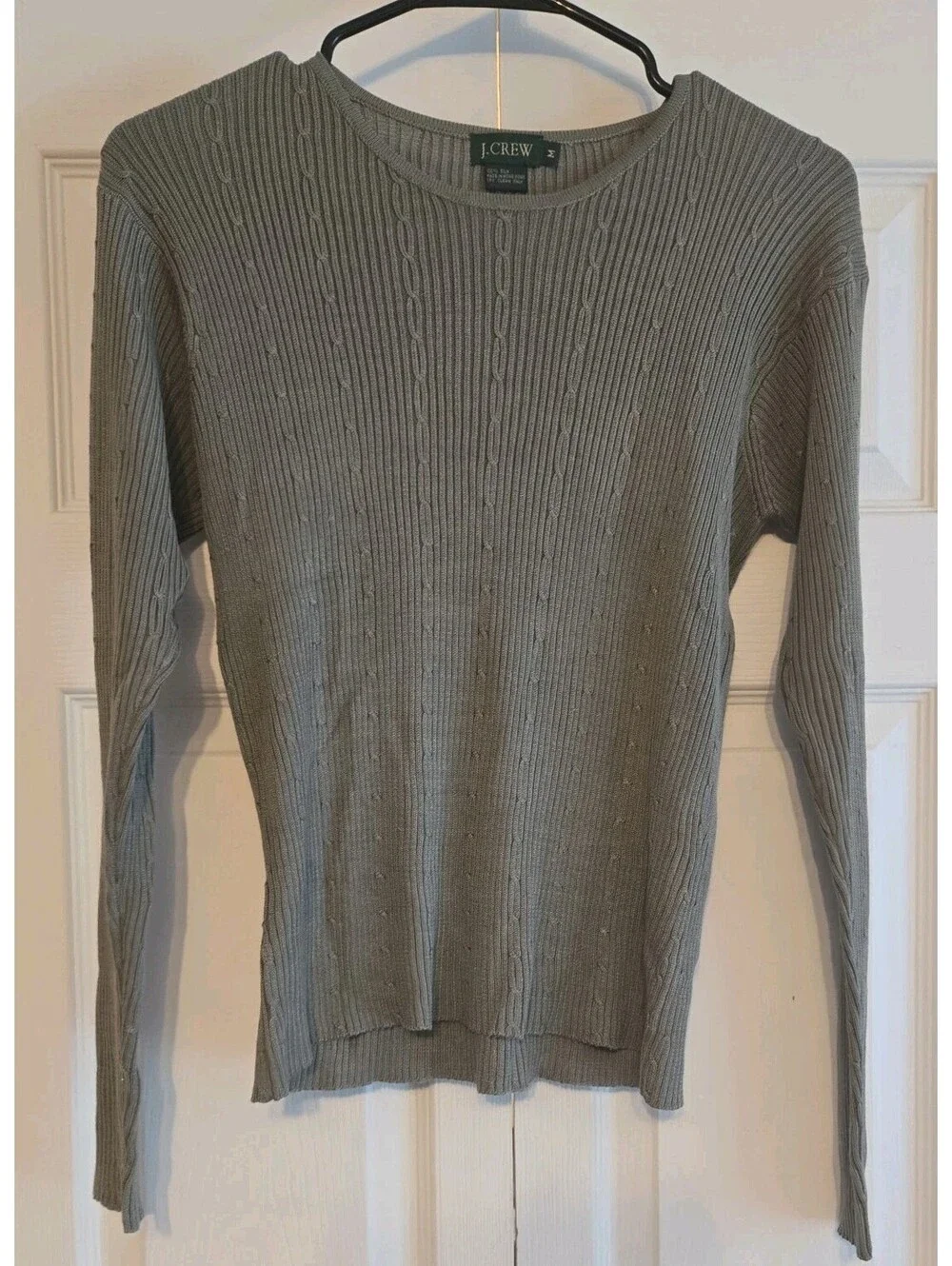 Vtg J Crew 100% Silk Fitted Olive Gray Long Sleeve Top Sz M womens preppy y2k